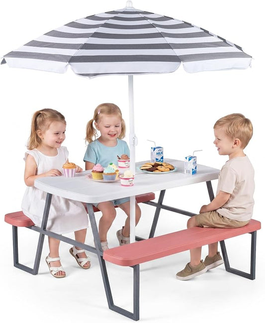 Costzon Kids Picnic Table, Toddler Outdoor Table & Bench Set with Removable Umbrella, HDPE Tabletop, Metal Frame, Kids Outdoor Furniture for Patio Backyard Garden, Fits 4 Children Age 3+ (Pink)