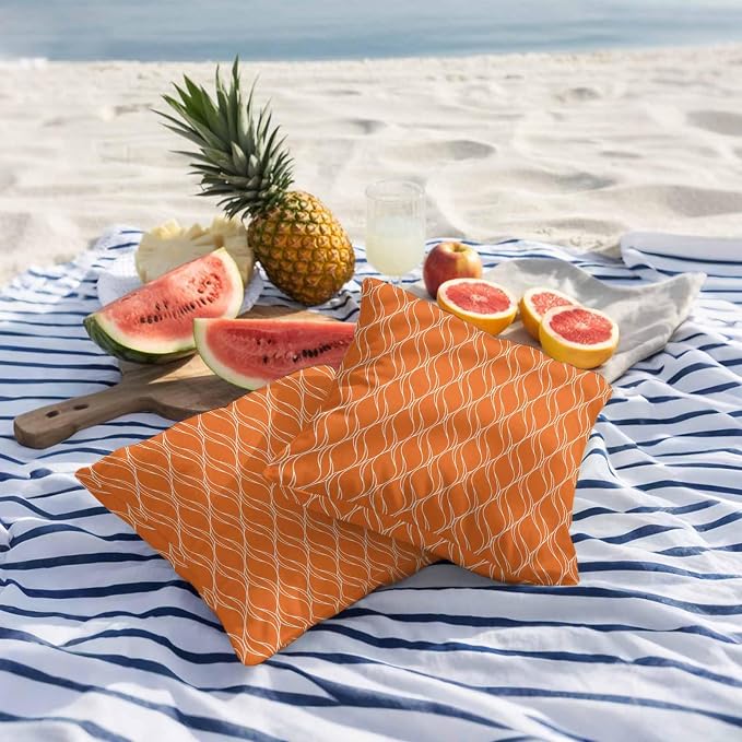 Orange Stripes Outdoor Pillow Covers 16x16 Inch Throw Pillow Covers Set of 2 Waterproof Decorative Pillow Cases Simple Geometric Modern Monochrome Cushion Covers for Patio Furniture Garden Couch Sofa