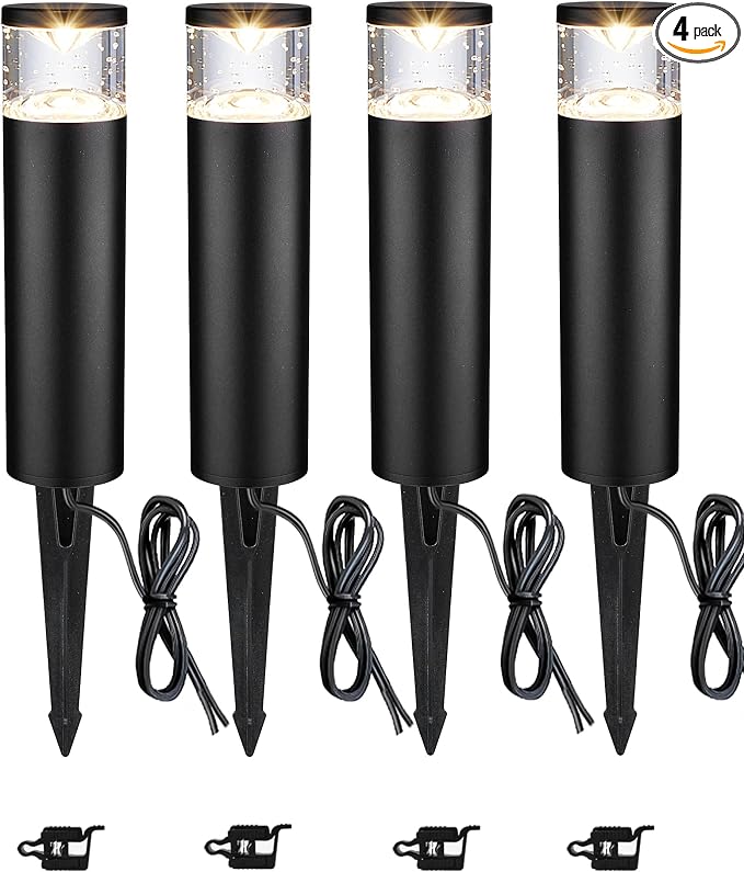 LITFIT 4Pack Low Voltage Bollard Landscape Lights, 12V Aluminum Path Light | 5W 3000K Warm White Electric Outdoor Garden Light with Connectors, 50000H Waterproof Wired LED Lawn Walkway Light, ETL Listed