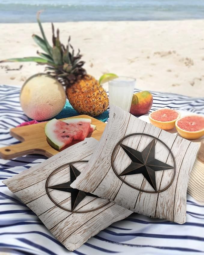 Outdoor Waterproof Pillow Covers for Patio Furniture Western Texas Barn Stars Decorative Throw Pillow Cover Rustic Wooden Pillowcases Set of 2 Cushion Case for Sofa Couch Chair Home Decor 16 x 16 Inch
