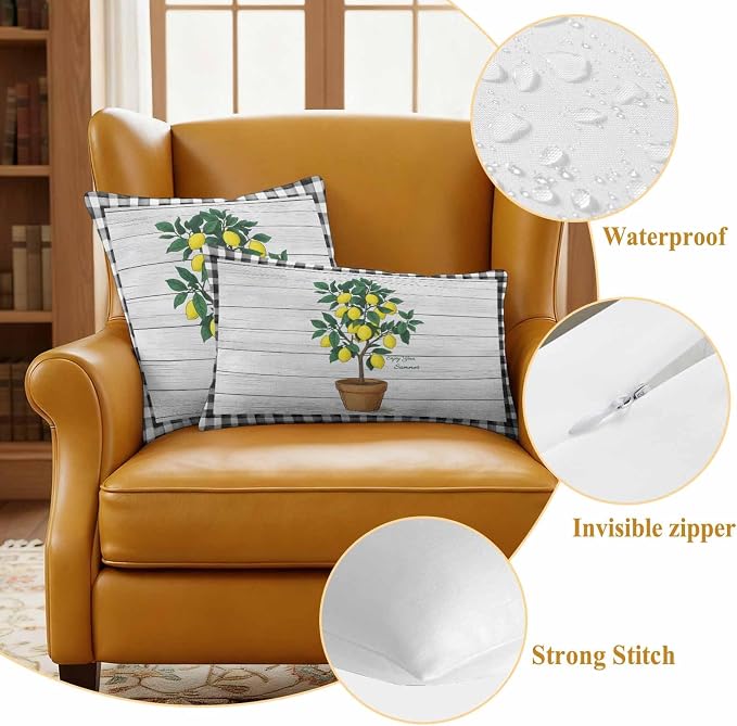Summer Yellow Lemons Outdoor Waterproof Pillow Covers Set of 2, Green Leaf Botanical Gardens Wood Grain Plaid Pillowcase Decorative Throw Cushion Cases for Patio Garden Couch 18 x 18 Inches