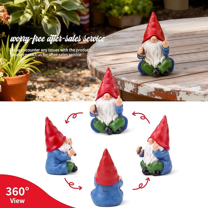 Middle Finger Gnome Statue 6.3in, Funny Smoking Garden Gnomes Yard Home Decoration - Hilarious Gag Birthday Gifts for Men Women, White Elephant Party - Indoor/Outdoor Decor