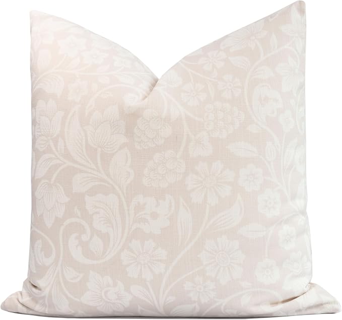 Coastal Linen Indoor Outdoor Throw Pillow Cover Only, 22"x22" Water Repellent for Patio, Backyard, Couch, Neutral Beige Floral
