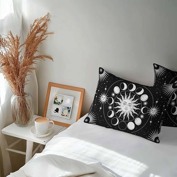 Celestial Sun and Moon Waterproof Outdoor Pillow Covers Set of 2 Home Decor, Black Starry Galaxy Boho Lumbar Pillowcase Patio Pillow Covers for Couch Bench Patio Furniture Garden 20x12in