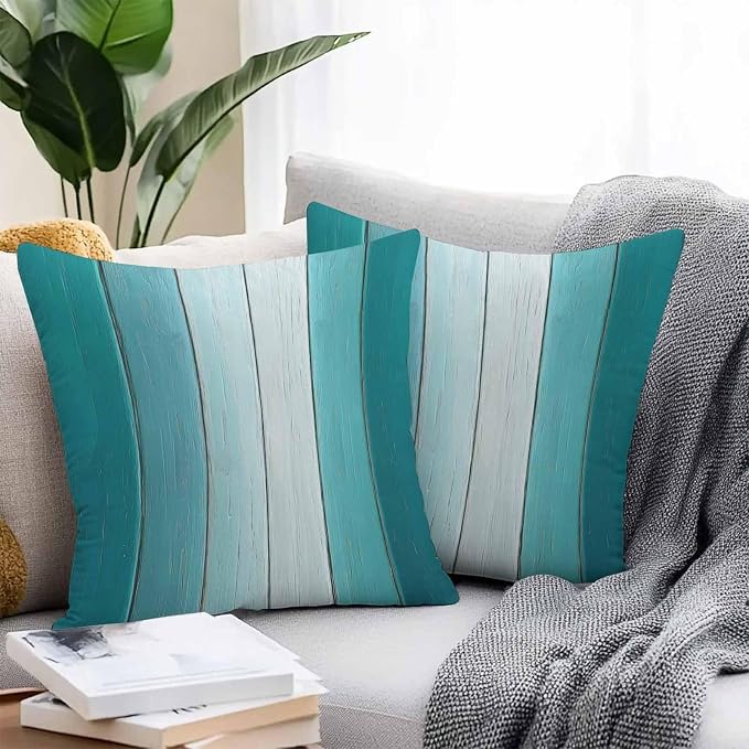 Throw Pillow Covers 20x20 Inch Set of 2, Aqua Ombre Waterproof Outdoor Cushion Covers, Vintage Country Wooden Decorative Pillowcases for Couch, Sofa, Bed, Garden, Patio