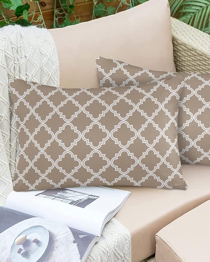 Outdoor Waterproof Pillow Covers for Patio Furniture Moroccan Pattern Decorative Throw Pillow Cover Beige Pillowcases Set of 2 Cushion Case for Sofa Couch Chair Home Decor 20x12 inch