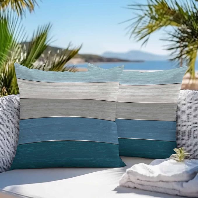 Outdoor Throw Pillow Covers 20X20 Set of 2 Waterproof Ombre Blue Gray Decorative Zippered Cushion Covers for Patio Furniture, Farmhouse Retro Rustic Barn Wood Texture Lumbar Pillowcases Ocean Hues