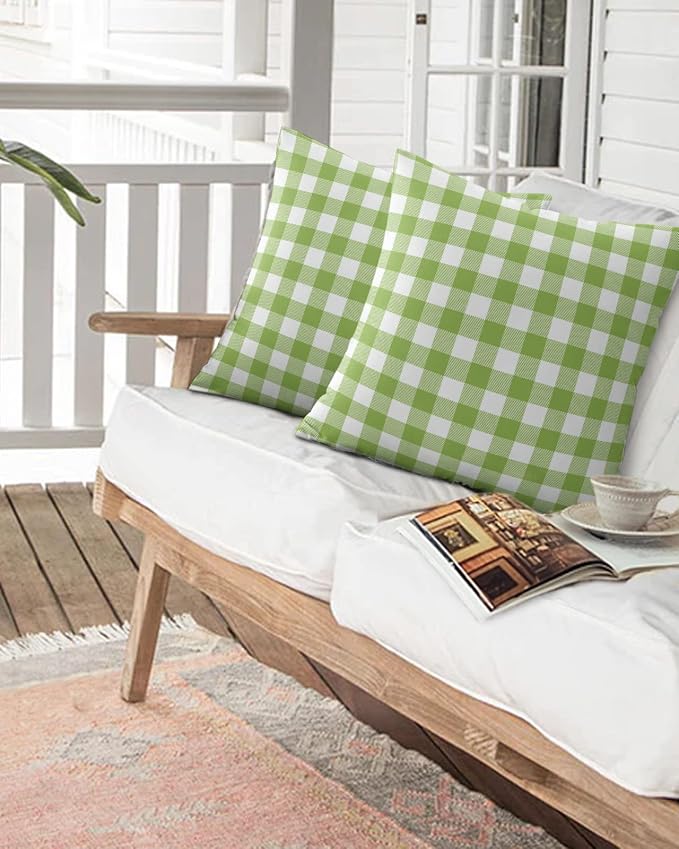 Outdoor Waterproof Throw Pillows Green White Gingham Check Patio Pillows Pack of 2,Decorative Pillow Covers with Insert,Pillow Cushion Case for Indoor Garden Couch Sofa Pastoral Buffalo Plaid