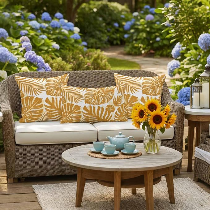 Vintage Yellow Palm Leaves Outdoor Pillow Covers 24"x24" Set of 2, Tropical Botanical Minimalist Modern Waterproof Throw Pillow Covers for Patio Furniture, Decorative Cushion Covers for Porch