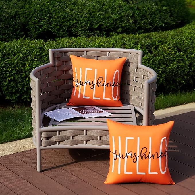 DFXSZ Orange Outdoor Waterproof Pillow Covers 20x20 Set of 2 | Hello Sunshine Decor Summer Fall Polyester Pillow Covers(NO INSERTS)| Decor for Patio Funiture Garden Sofa Couch