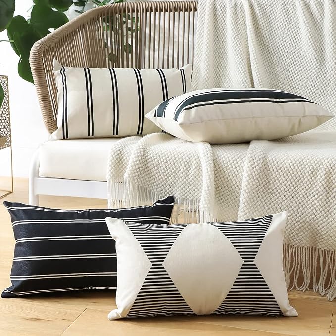 OTOSTAR Outdoor Decorative Pillow Covers Waterproof Garden Throw Pillow Covers 12x20 Inch Cushion Case Geometry Throw Pillowcases Pillows Shell for Patio Furniture Couch Tent Balcony Pack of 4 (Black)