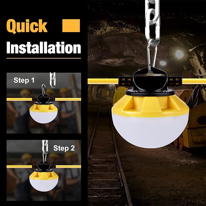 3-Prong 100FT Construction String Lights, IP65 Waterproof ETL Certified String Work Lights, 5000K Daylight 18AWG Wire Linkable Temporary Construction Lighting for Jobsite with 10 Bulbs & Hooks