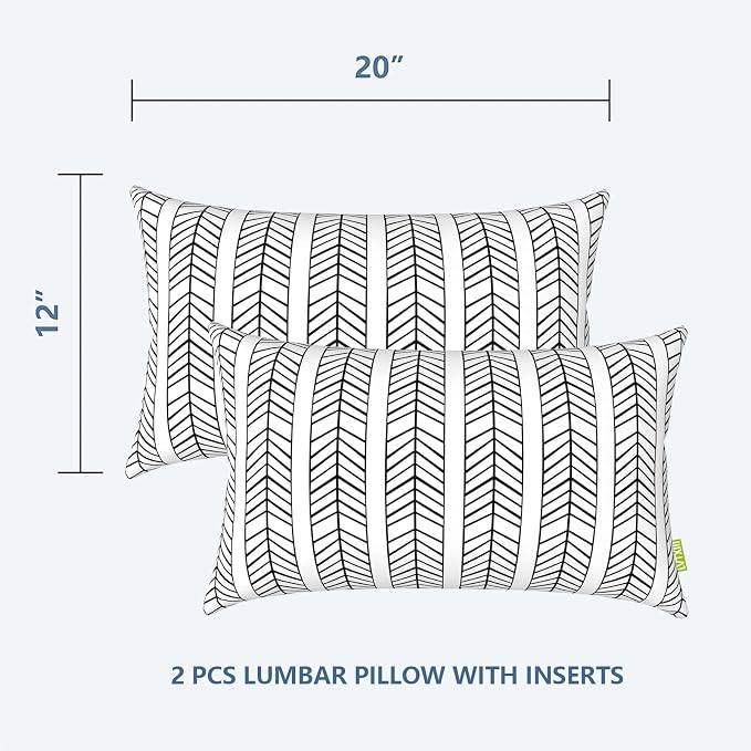 LVTXIII Set of 2 Patio Lumbar Pillows, 12”x20” Fade Resistant Outdoor Lumbar Pillow with Inners, Fluffy Decorative Garden Lumbar Cushions for Home Patio Coach Sofa Use, Herringbone Black White