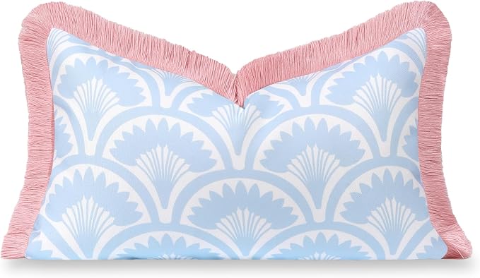 Hofdeco Premium Coastal Grandmillennial Patio Indoor Outdoor Lumbar Pillow Cover Only, 12"x20" Water Repellent for Backyard, Couch, Poolside, Baby Blue Pink Print Tropical Ravenala Palm Tree