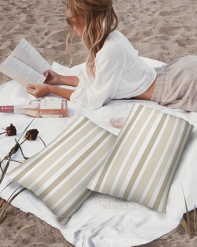 Outdoor Waterproof Lumbar Throw Pillow Covers Set of 2 Khaki Beige Stripes Decorative Outdoor Pillows Cushion Case 20x12 Inch Classic Striped Patio Pillows for Couch Sofa Bed Garden Home Decor