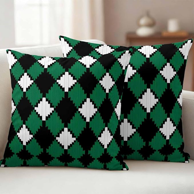 Vintage Rhombus Outdoor Waterproof Throw Pillow Covers Set of 2, 24"x24", Green Black White Decorative Pillow Covers Outside Cushion Case for Patio Porch Garden