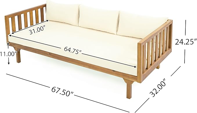 Merax Outdoor 4-Piece Acacia Wood Conversation Set - Patio 3-Seat Loveseat Sofa Daybed with Cushion, 2 Armchair and Round Coffee Table for Backyard, Lawn, Balcony, Teak + Beige