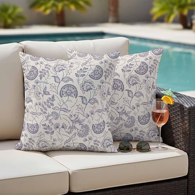 Outdoor Pillow Covers 18x18 Set of 2, Purple Fruit Waterproof Patio Throw Pillow Covers for Couch Sofa Chair, Country Retro Floral Botanical Plant Decorative Pillowcases for Throw Pillows