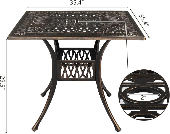 VINGLI 5 Pieces Outdoor Patio Dining Set, Cast Aluminium Patio Furniture Set with 4 Chairs and 1 Umbrella Table for Yard, Garden, Porch and Poolside, Bronze (Square Table)