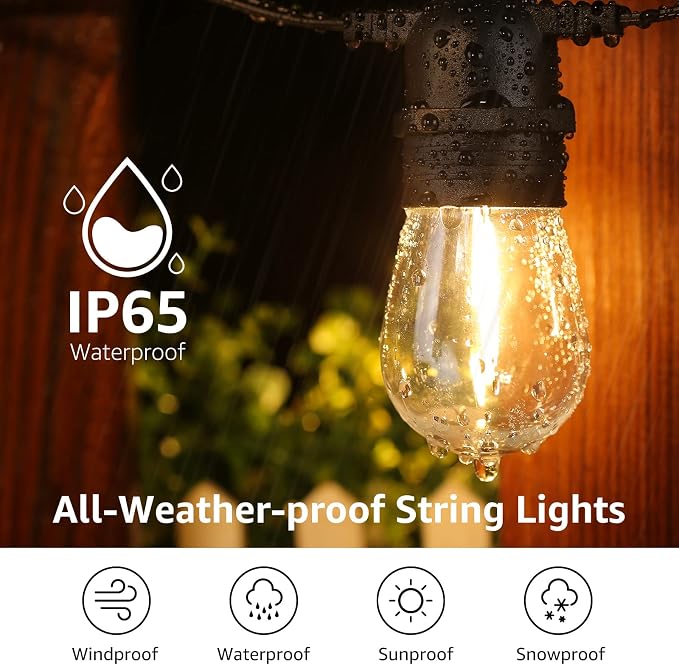 Lepro S14 Outdoor String Lights, 50ft Patio Lights with 15 LED Edison Bulbs | Comercial Pure Copper Core, Shatterproof Waterproof Bistro Light, Hanging Outside Lighting for Backyard, Pergola, Deck, Porch