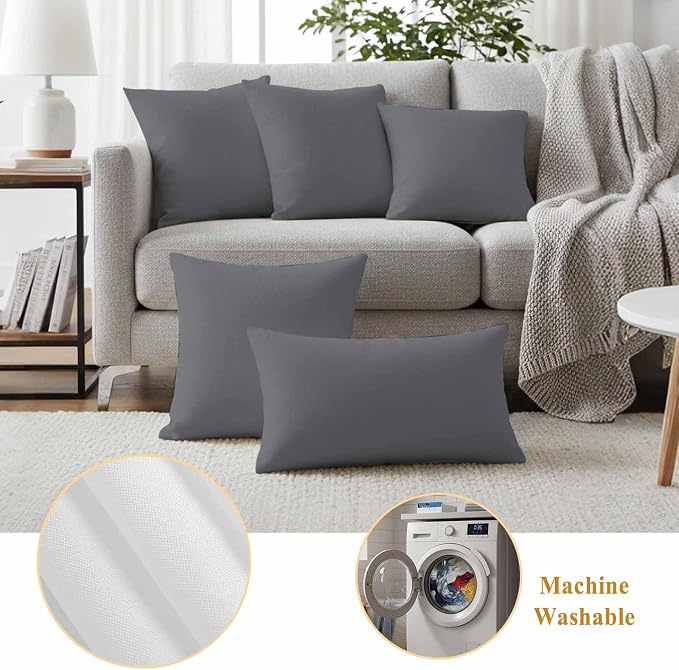 Lumbar Pillow Covers 12 x 20 Inches, Grey Pure Color Waterproof Throw Pillow Cover Set of 2, Aesthetics Contemporary Luxury Decorative Rectangle Cushion Covers for Patio/Couch/Garden
