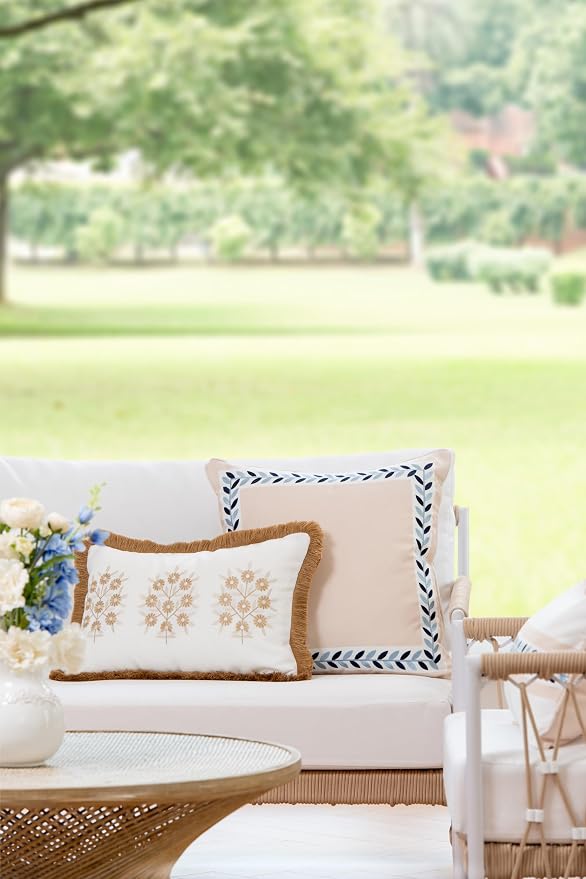 Hofdeco Premium Coastal Patio Indoor Outdoor Lumbar Pillow Cover Only, 12"x20" Water Repellent for Backyard, Couch, Neutral Tan Embroidered Floral with Fringe