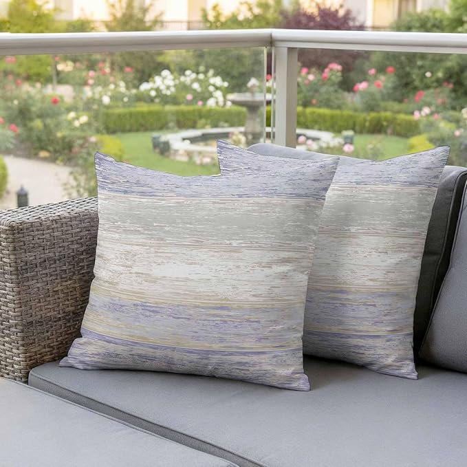 Outdoor Waterproof Throw Pillow Covers, Vintage Purple Grey Decorative Pillow Cases, Farmhouse Barn Wooden Striped Couch Pillow Protector Patio Sofa Cushion Covers Replacement 18"x18" 2 Pack