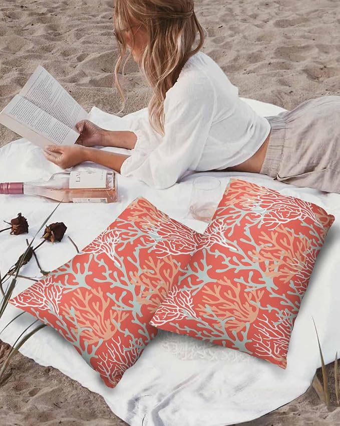 Pack of 2 Outdoor Pillow Covers 20x12 Waterproof Orange Ocean Coral Throw Pillow Covers, Decorative Pillowcases Nautical Coastal Summer Beach Cushion Covers for Patio Garden Couch Pillow Case