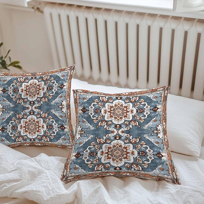 Blue Bohemian Waterproof Outdoor Pillow Covers Set of 2 Home Decor, Retro Pattern Oriental Farmhouse Ethnic Pillowcase Patio Pillow Covers for Couch Bench Furniture Garden 20x20in