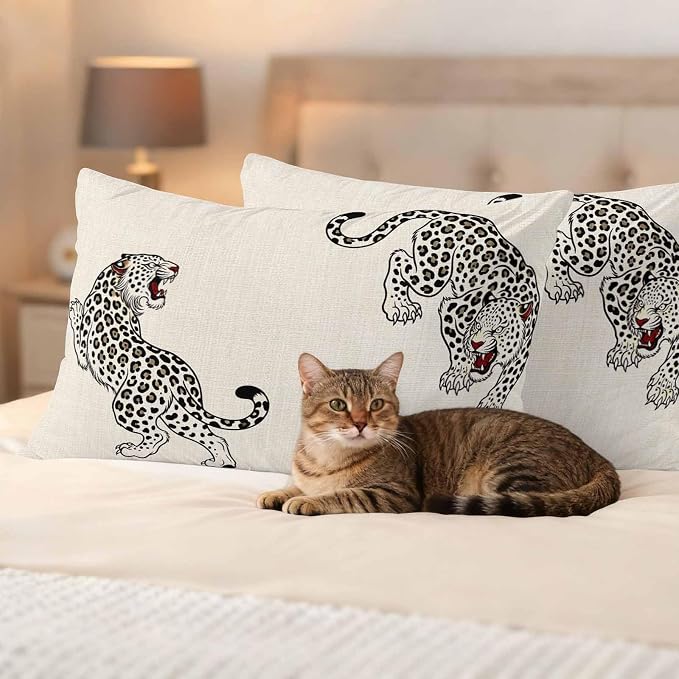 Yukro Beige Leopard Outdoor Waterproof Pillow Covers Pack of 2, Modern Style Wild Animal Rustic Linen Texture Throw Pillowcases Decorative Cushion Covers for Garden Patio Tent Sofa Couch, 20x12 inch