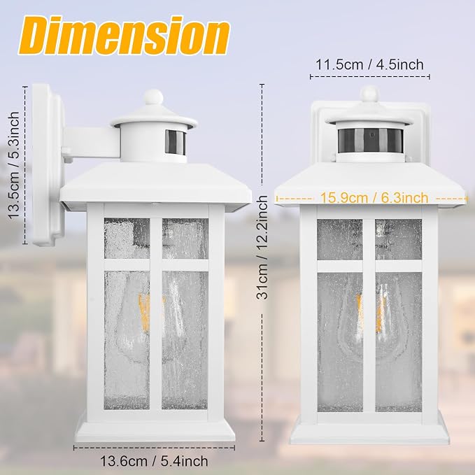 Brilvibera Dawn to Dusk Motion Sensor Exterior Wall Light Fixtures | Exterior Wall Mount with E26 Sockets & Tempered Glass, Waterproof Outdoor & Indoor Lights for House, Porch, Garage, White