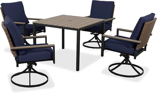 5-Piece Patio Dining Set, 4 Swivel Chairs with Removable Thickened Cushions & Square Table with Umbrella Hole, All-Weather Furniture for Backyard, Garden & Lawn, Blue