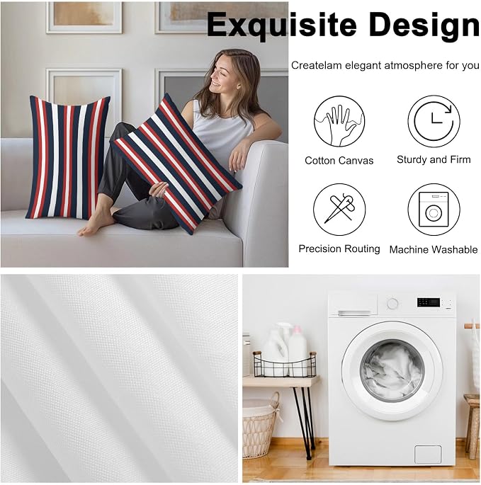 Red Navy Blue Striped Outdoor Pillow Covers Waterproof, All Weather Cushion Case Set of 2, Contemporary Minimalist Aesthetic Lumbar Pillowcase for Sofa Couch Bed Decor Patio Furniture 20"x12"