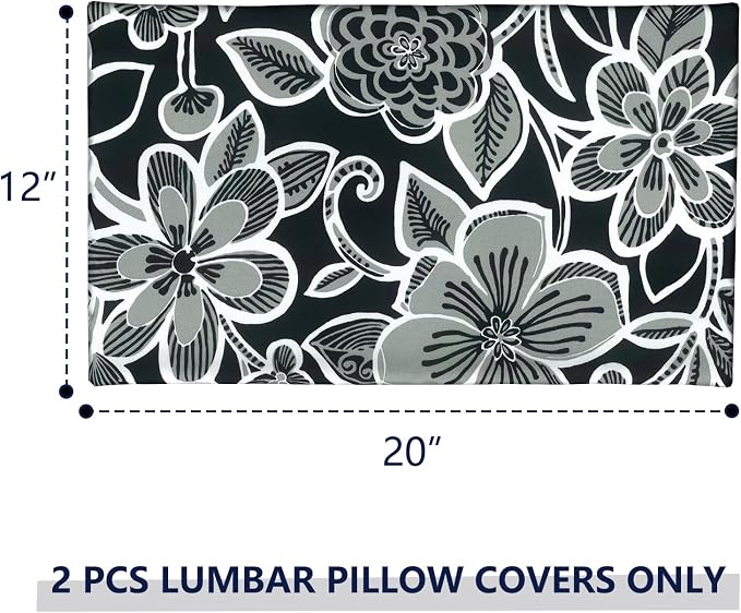 Outdoor Lumbar Pillow Covers 12”x20”, Rectangle Throw Pillow Covers for Patio Furniture, Decorative Lumbar Cushion Case for Garden Balcony Couch Office Chair, Pack of 2,Flower Black