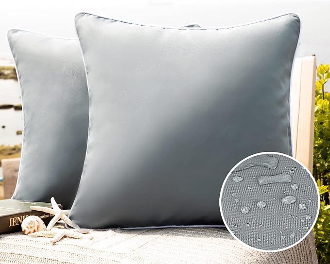 Phantoscope Pack of 2 Outdoor Waterproof Solid Throw Decorative Pillow Cover Decorative Square Outdoor Pillows Cushion Case Patio Pillows for Couch Tent (18''x18'', Grey)