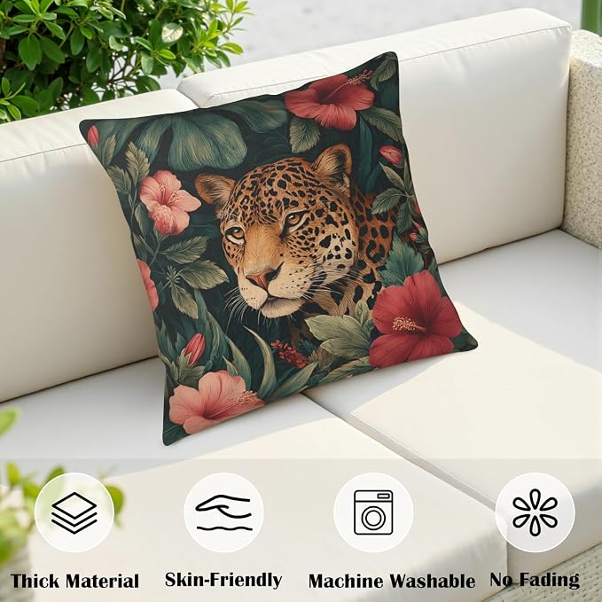 Tropical Leopard Floral Pillow Covers Hawaiian Monstera Leaves Hibiscus Flower Throw Pillow Covers 20x20 Set of 2 Summer Jungle Cheetah Pillow Cases for Sofa Couch Home Decor
