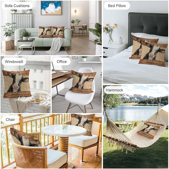 Farmhouse Cow Outdoor Pillow Covers 16x16 Inch Throw Pillow Covers Set of 2 Waterproof Decorative Pillow Cases Country Vintage Animals Wooden Grain Cushion Covers for Patio Furniture Garden Couch Sofa