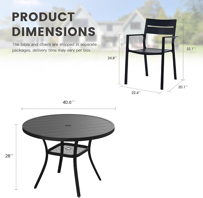 Patio Dining Set for 4, 40.6" Outdoor Dining Table and Chairs Set with Stackable Patio Chairs Outdoor Furniture Outdoor Furniture for Garden Deck Backyard, Black Table and Black Chairs