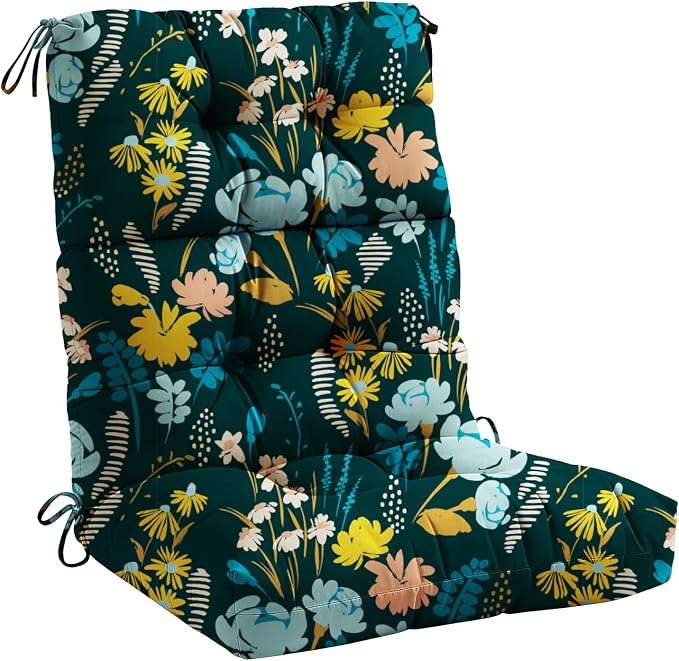 Tufted High Back Adirondack Chair Cushion 45"x21"x4",Floral | Patterned outdoor cushion with ties; premium padded design fits garden rocking chairs, multiple color options available