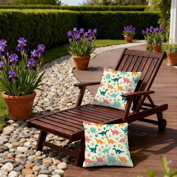 18x18 Inch Outdoor Pillow Covers Set of 2 Waterproof Throw Pillow Covers Decorative Couch Cushion Covers Colorful Dinosaurs Footprint Square Pillowcases Protectors for Patio Garden Sofa