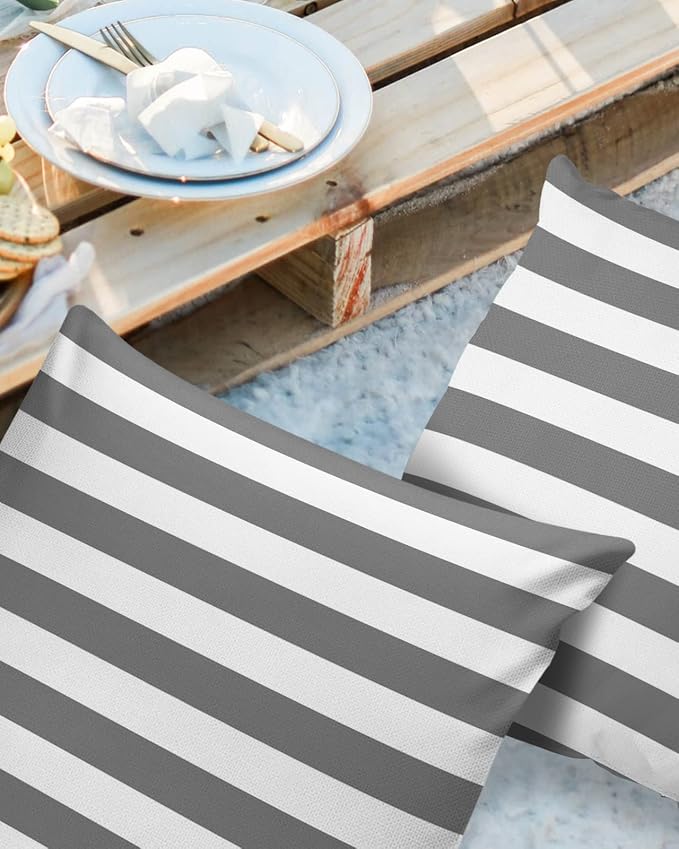 Outdoor Waterproof Pillow Covers for Patio Furniture Grey and White Stripes Decorative Throw Pillow Cover Solid Striped Pillowcases Set of 2 Cushion Case for Sofa Couch Chair 16 x 16 in