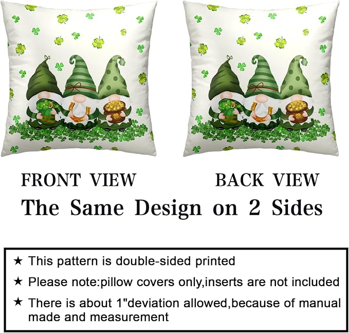 Lucky Shamrocks Gnomes Pillow Cases 20x20 Set of 2 March Holiday Throw Pillow Covers Soft Cotton Blend Cushion Case St Patricks Day Decorations for Couch Sofa Bedroom Home