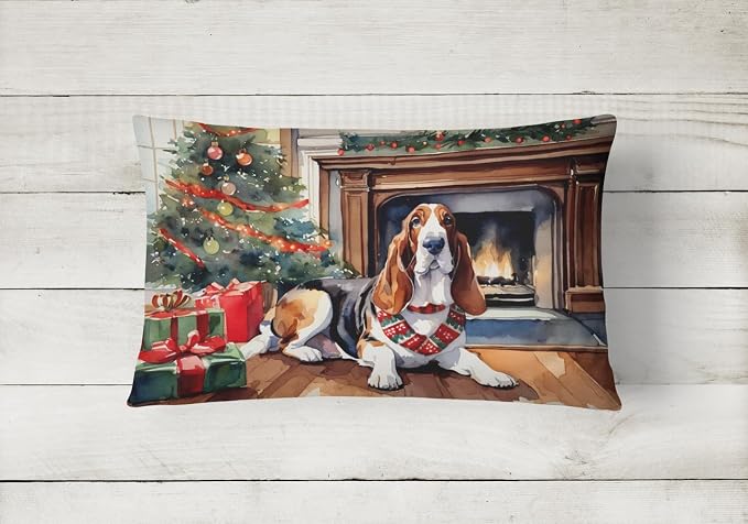 Caroline's Treasures DAC2603PW1216 Basset Hound Cozy Christmas Throw Pillow Machine Washable, Indoor Outdoor Decorative Pillow for Couch, Bed or Patio, 12HX16W