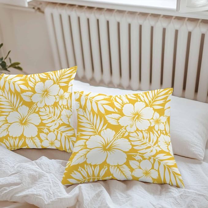 Yellow Hibiscus Flowers Waterproof Outdoor Pillow Covers Set of 2 Home Decor, Tropical Monstera Leaves Lumbar Pillowcase Patio Pillow Covers for Couch Bench Patio Furniture Garden 20x20in