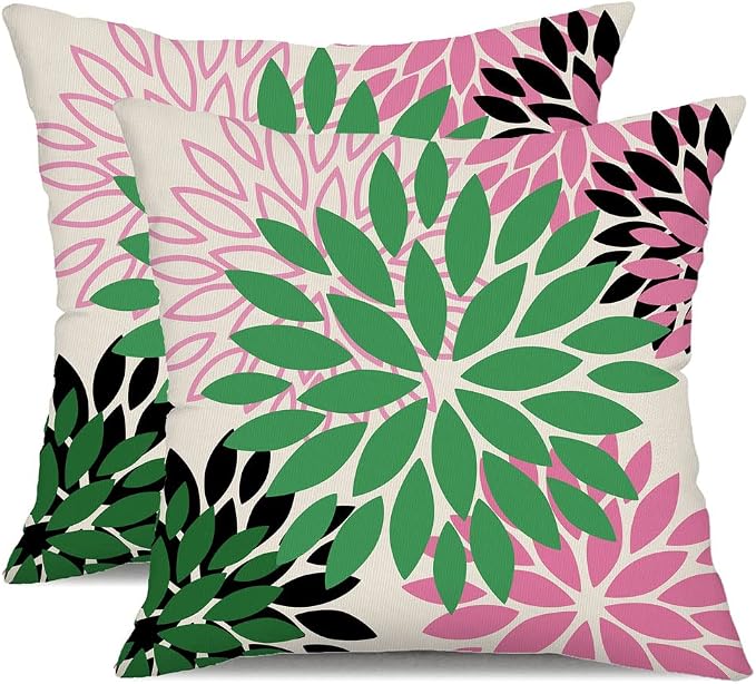 DFXSZ Outdoor Waterproof Pillow Covers 16x16 Set of 2 Green Pink Flower | Spring Summer Waterproof Flower Throw Pillowcases（No Inserts）Decor for Valentines Patio Funiture Garden Polyester Covers