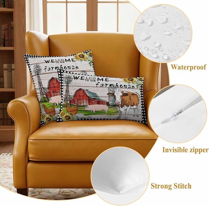 Outdoor Waterproof Pillow Covers 20x12Inch Farmhouse Animal Barn Chicken Pig Cow Throw Pillowcases for Patio Garden Couch Sofa Retro Wood Grain Farm Scene Decorative Cushin Case,Pack of 2