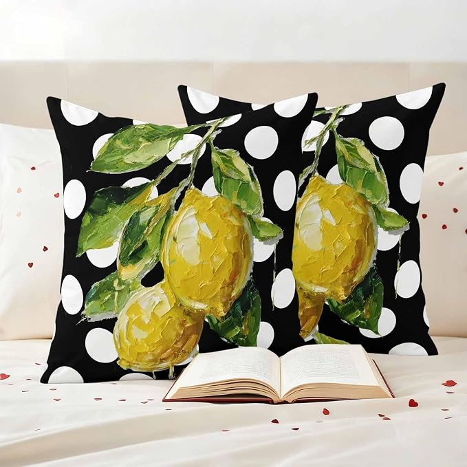 Waterproof Pillow Covers Set of 2,Farmhouse Yellow Lemon Green Leaf Outdoor Pillow Protectors with Zipper Pillowcases for Patio Tent Garden Beach 24x24 Inches Black White Polka Dot