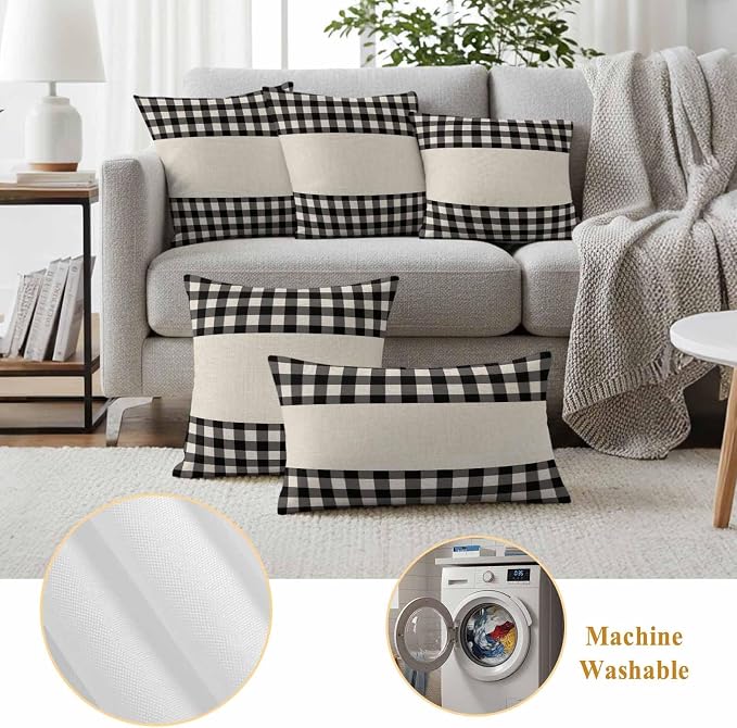 Retro Black Outdoor Waterproof Pillow Covers, Farmhouse Buffalo Plaid Vintage Beige Decorative Square Throw Pillowcase Sofa Cushion Sham for Patio/Couch/Chair, 18"x18" 2 Pack