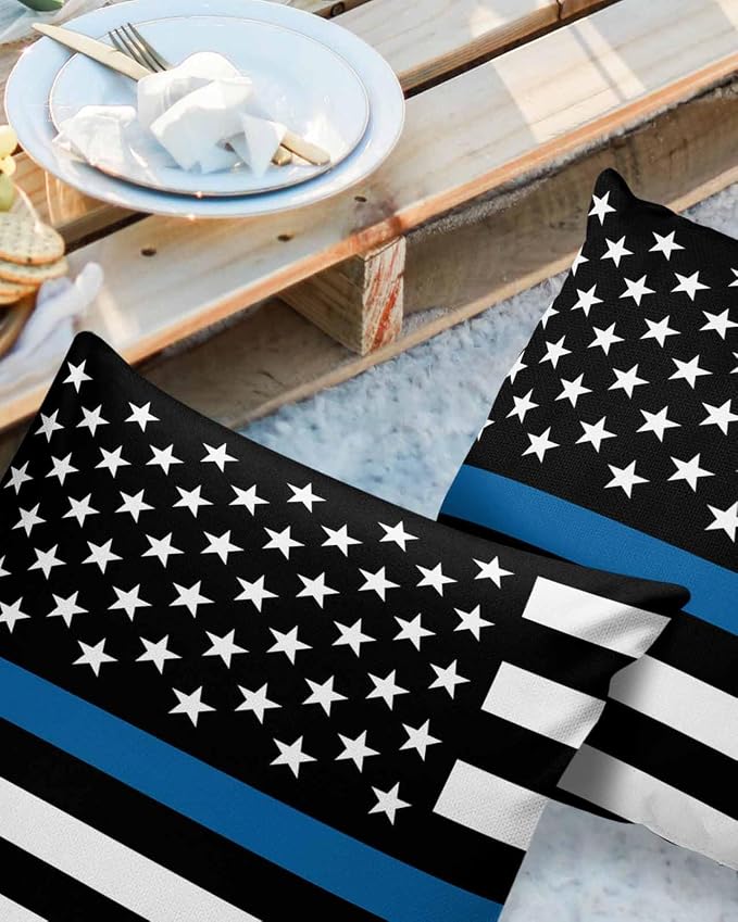 Outdoor Waterproof Pillow Covers Set of 2, Thin Blue Line Flag American Police Flag Honoring Law Enforcement Officers Patio Throw Pillow Covers, Decorative Cushion Case for Sofa Furniture, 20x20 Inch
