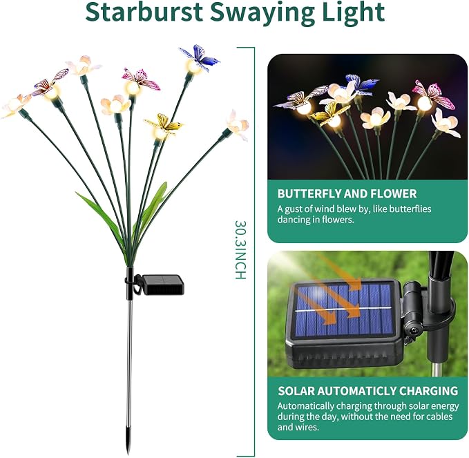 FENSAN Solar Garden Lights,4packs-32LED Outdoor Solar Powered Decor for Yard, Patio, Pathway, IP65 Waterproof Butterfly Lights